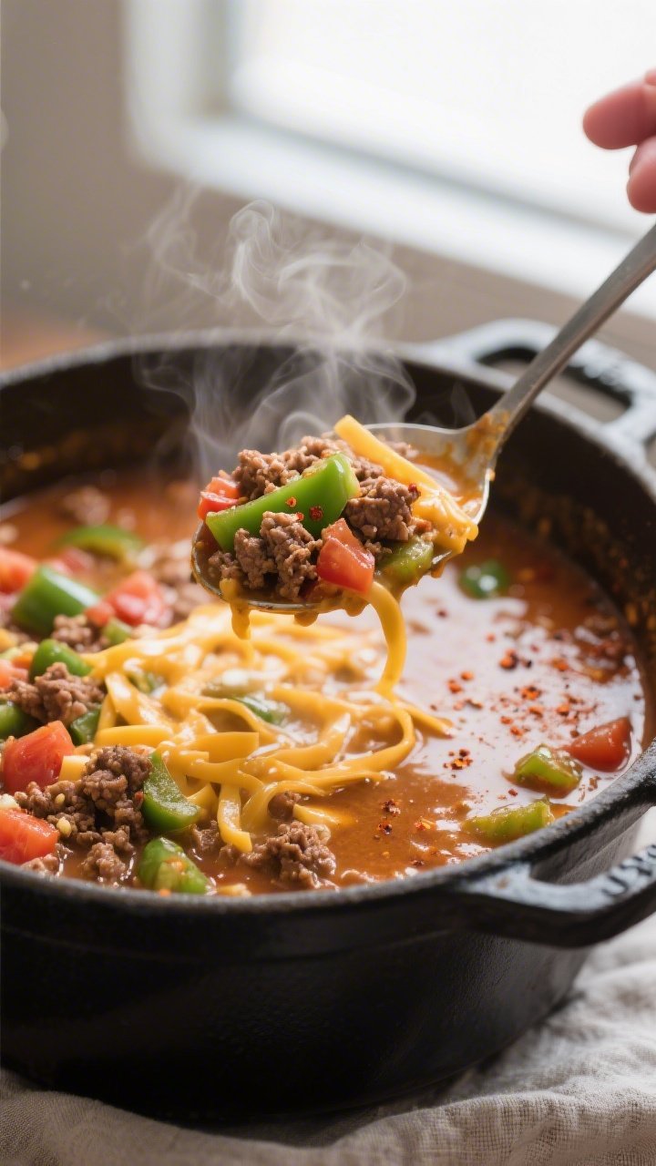 Close-up detail: A steaming ladle lifting creamy keto ground beef taco soup from a Dutch oven, showc