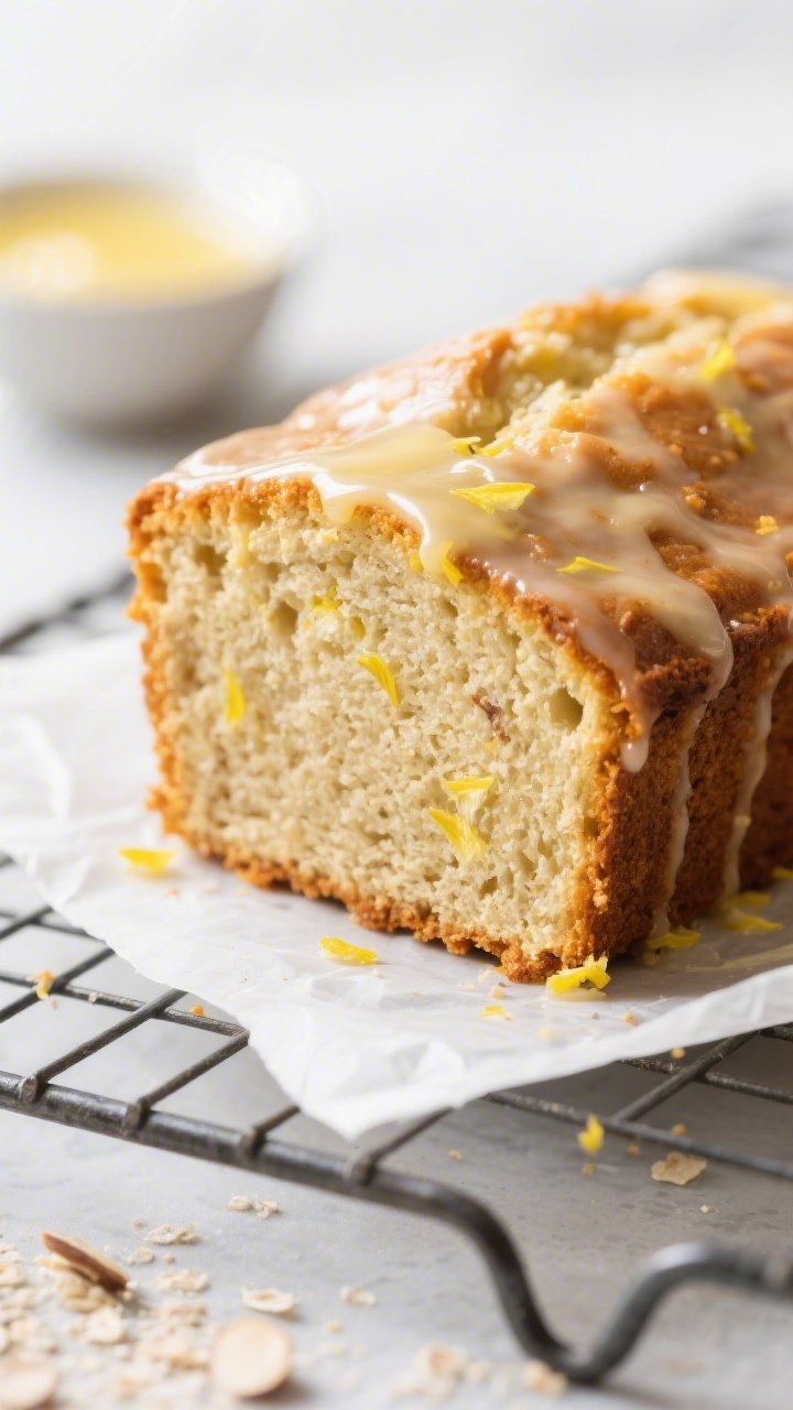 Close-up detail: A thick slice of almond flour keto lemon bread on a cooling rack, fully baked and c