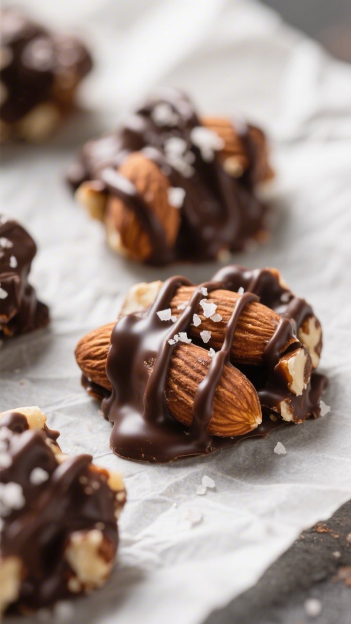 Close-up detail: A tight macro of finished keto chocolate-drizzled almond clusters on parchment, glo