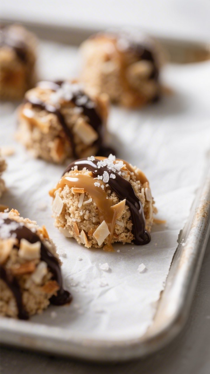 Close-up detail: A tight macro shot of freshly formed Keto Salted Caramel Coconut bites on a parchme