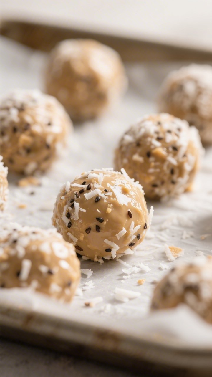 Close-up detail: A tight macro shot of freshly rolled Keto Peanut Butter Coconut Energy Balls restin