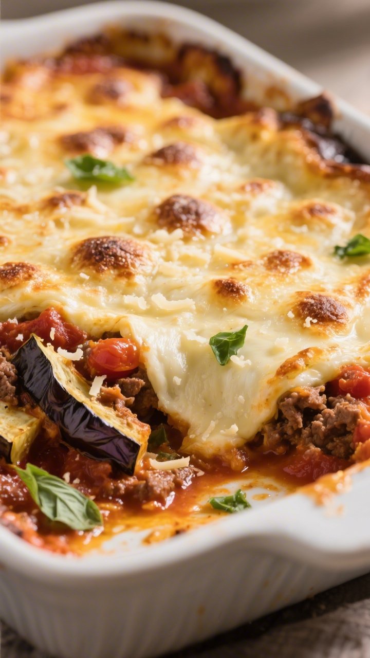 Close-up detail: A tight, shallow-depth-of-field shot of the baked casserole’s top layer just out 