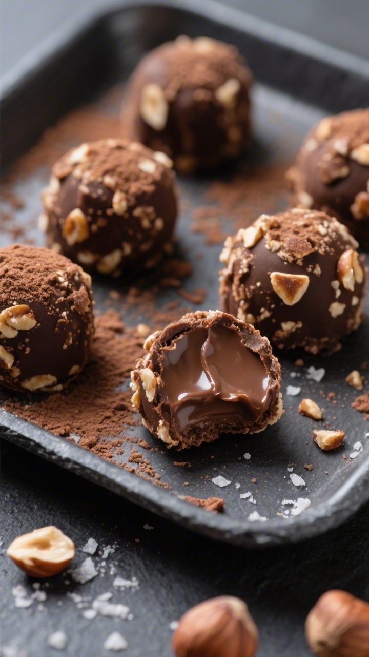 Close-up detail: A tray of finished keto chocolate hazelnut fat bomb truffles just out of the fridge
