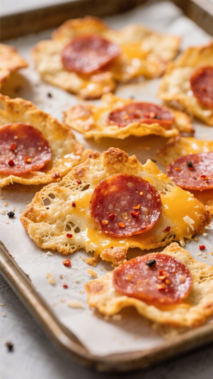 Close-up detail: A tray of freshly baked keto cheese and pepperoni chips just out of the oven at 375