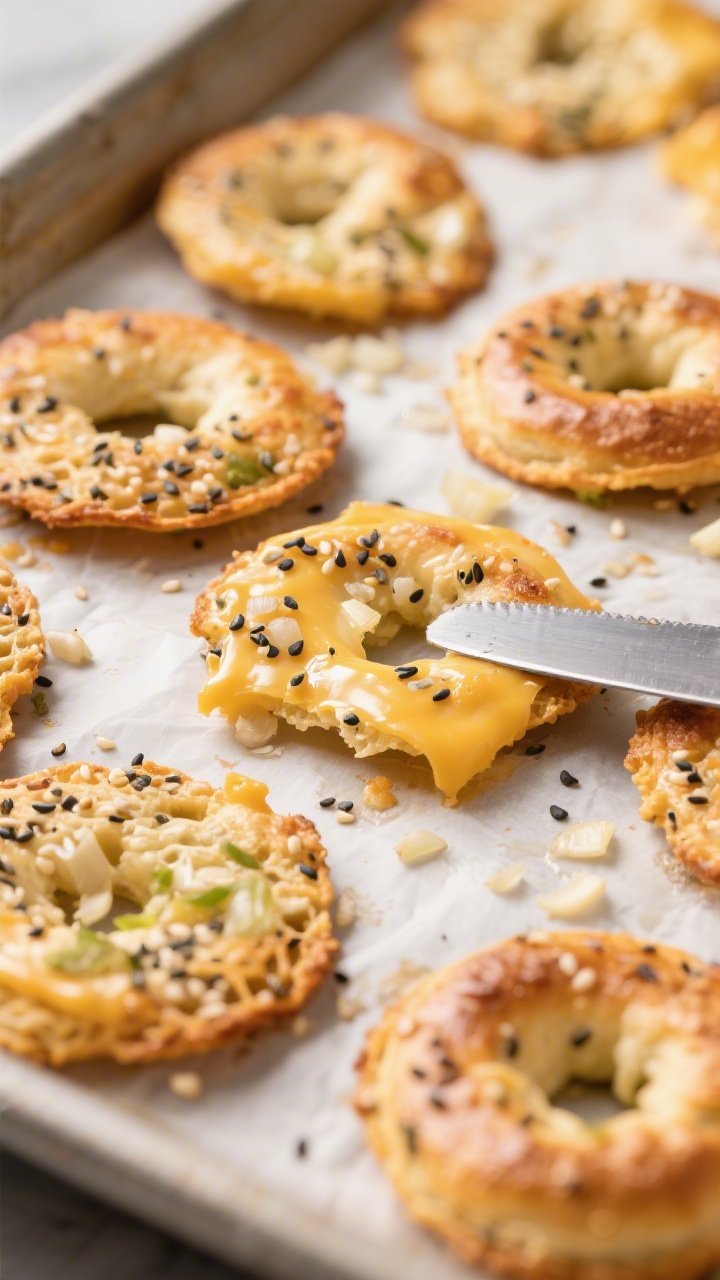 Close-up detail: A tray of freshly baked Keto Everything Bagel Cheese Crisps just out of the oven, e