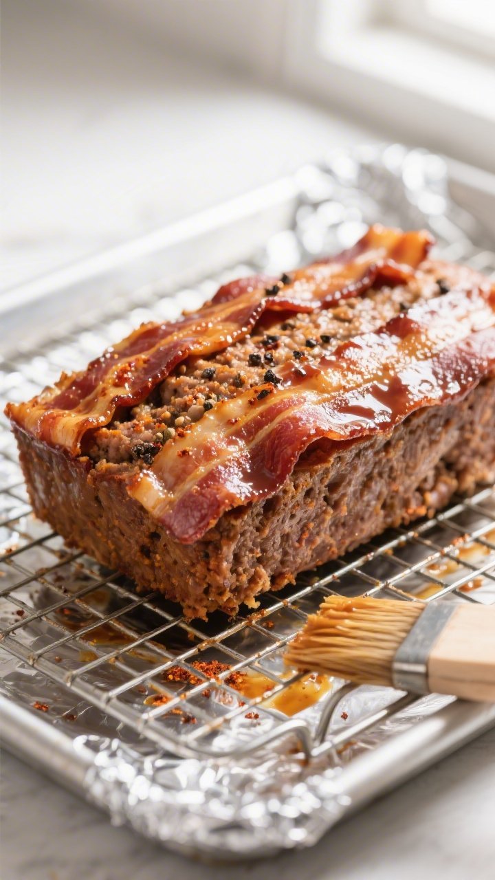 Close-up detail: Bacon-glazed keto BBQ meatloaf just out of the oven on a wire rack over a foil-line