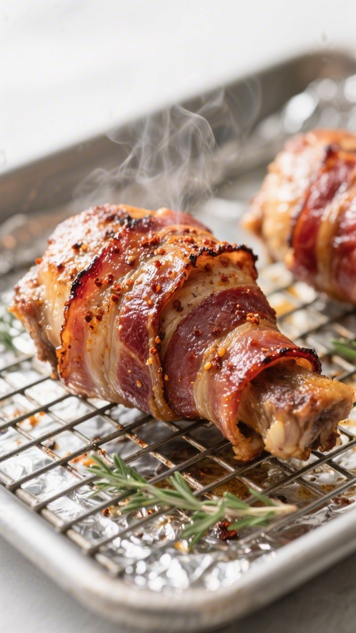 Close-up detail: Bacon-wrapped chicken thigh fresh from the oven on a wire rack over a foil-lined sh