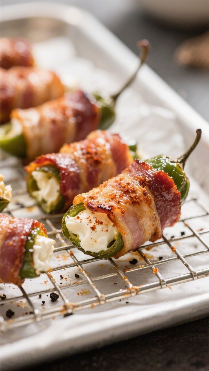 Close-up detail: Bacon-wrapped jalapeño poppers just out of the oven on a wire rack, bacon rendered
