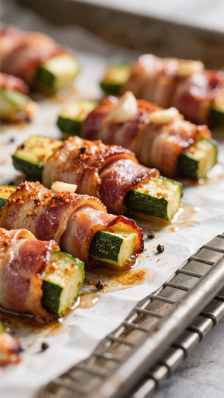 Close-up detail: Bacon-wrapped zucchini spears just out of the oven on a wire rack over a parchment-