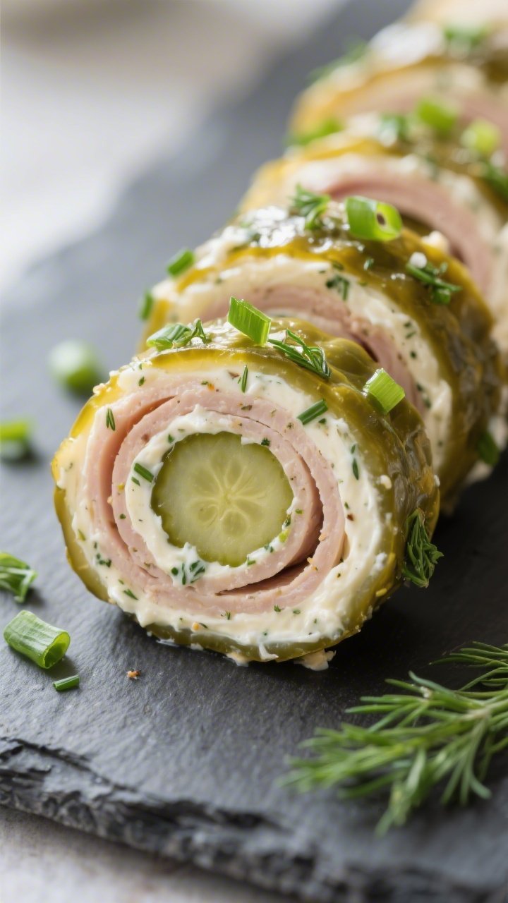 Close-up detail: Bite-size rounds of Keto Creamy Ranch Pickle Roll-Ups sliced to 1-inch thick, showi