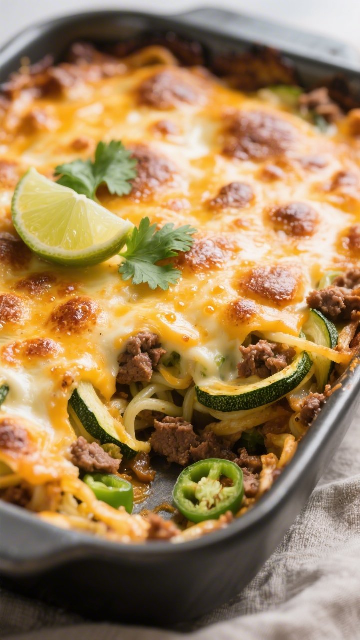 Close-up detail: Broiled, bubbly top of Keto Zucchini Taco Casserole just out of the oven, browned c