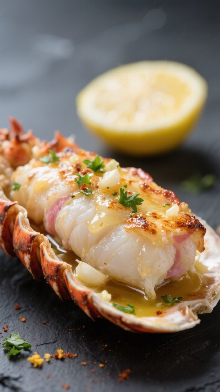 Close-up detail: Broiled keto garlic butter lobster tail meat perched on the shell, glistening with 