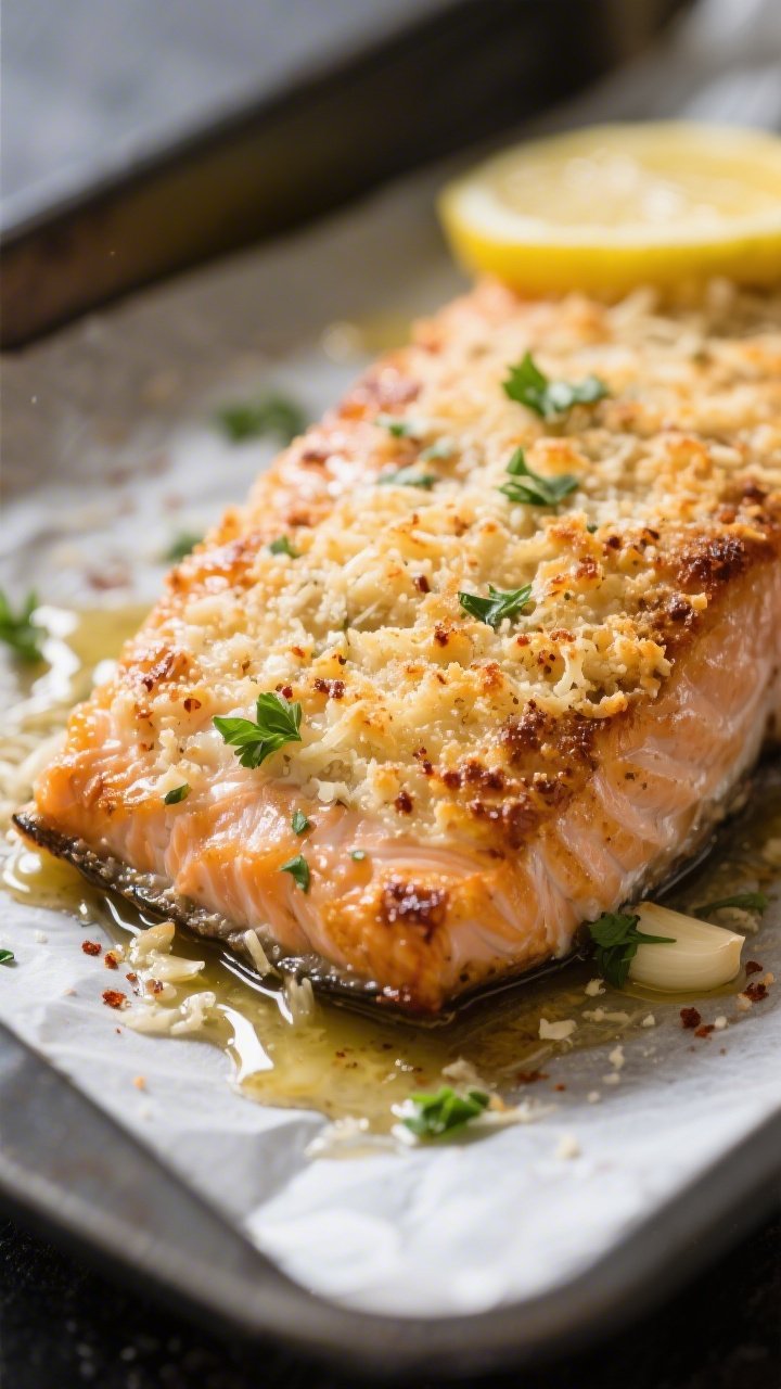 Close-up detail: Broiled keto garlic Parmesan salmon fillet just out of the oven, showing a deeply g