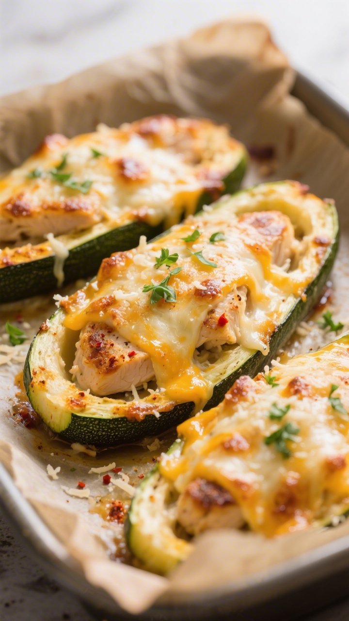 Close-up detail: Broiled keto zucchini cheesy chicken boats just out of the oven, molten mozzarella