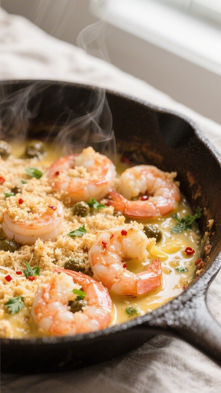 Close-up detail: Bubbling keto shrimp scampi just out of the oven in an oven-safe skillet, shrimp cu