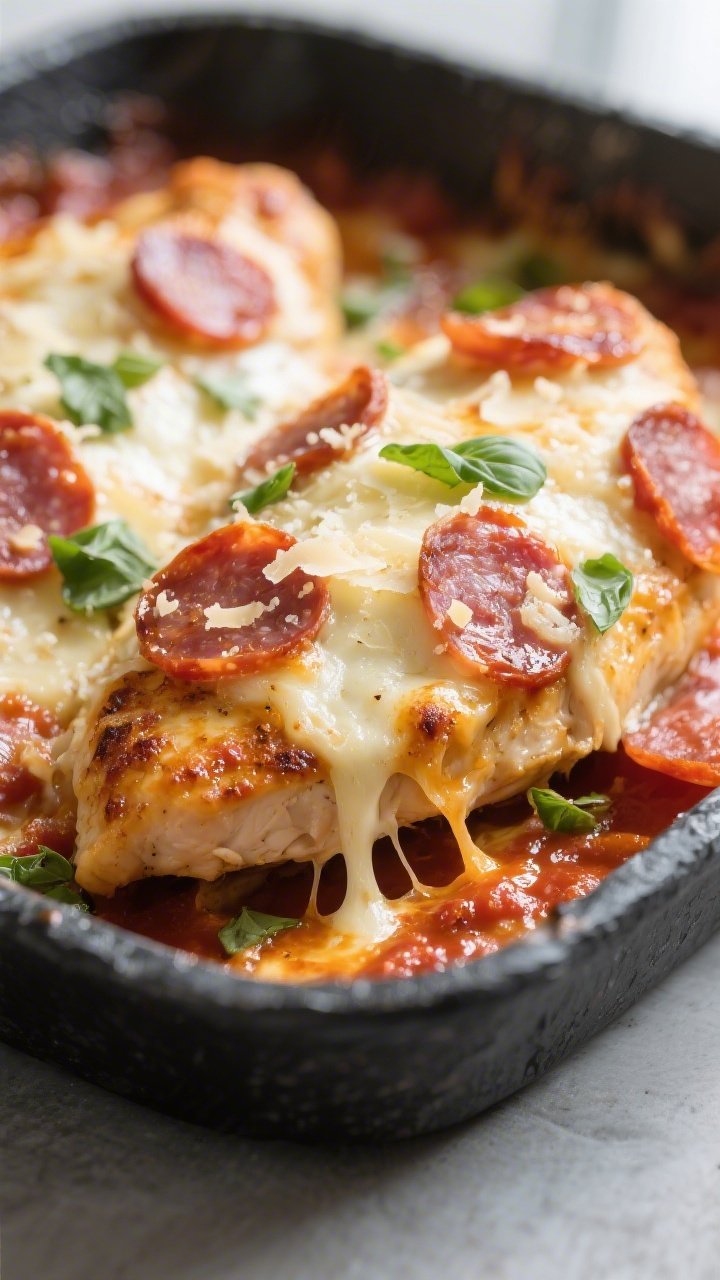Close-up detail: Bubbling, melty mozzarella and Parmesan blanketing par-baked chicken breasts, with 