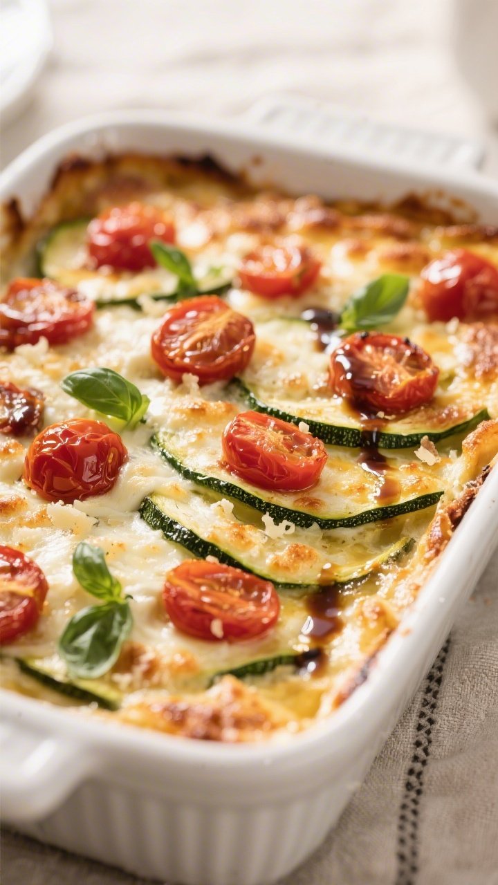 Close-up detail: Bubbly, golden-browned Keto Zucchini Caprese Bake just out of the oven, showing mel