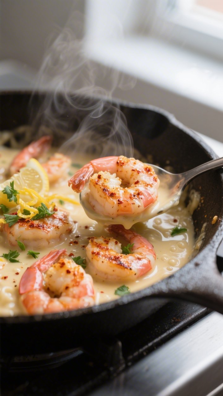 Close-up detail: Cajun-seared shrimp just returned to the pan and being coated in a glossy Alfredo s