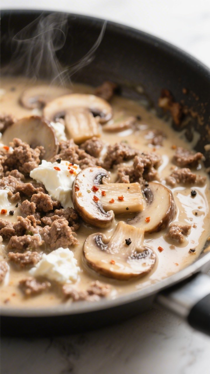 Close-up detail: Creamy keto ground beef mushroom stroganoff simmering in a skillet, showing browned