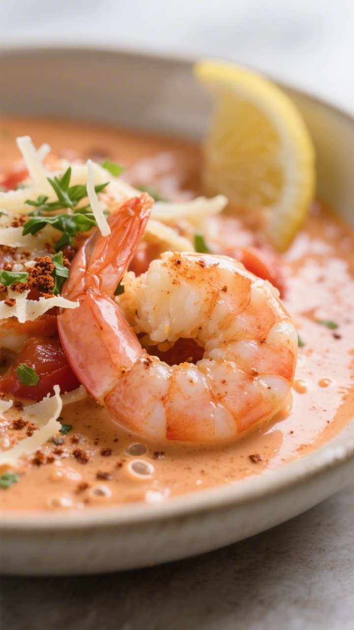 Close-up detail — Creamy sauce cling: Extreme close-up of plump, pink shrimp nestled in a velvety,