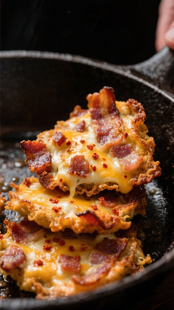 Close-up detail: Crispy bacon–cheese skillet bites just after flipping in a well-seasoned cast-iro