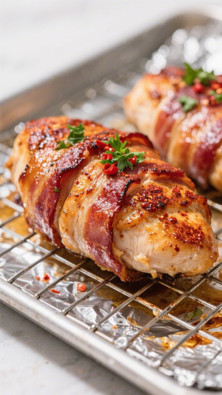 Close-up detail: Crispy bacon-wrapped chicken breast just out of the oven on a wire rack over a foil