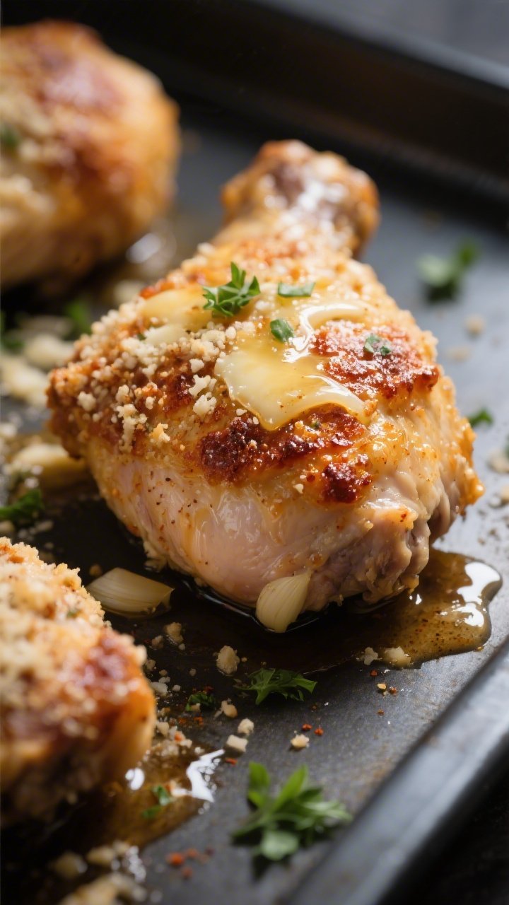 Close-up detail: Crispy, golden-brown keto garlic parmesan chicken thigh fresh from the oven, skin c
