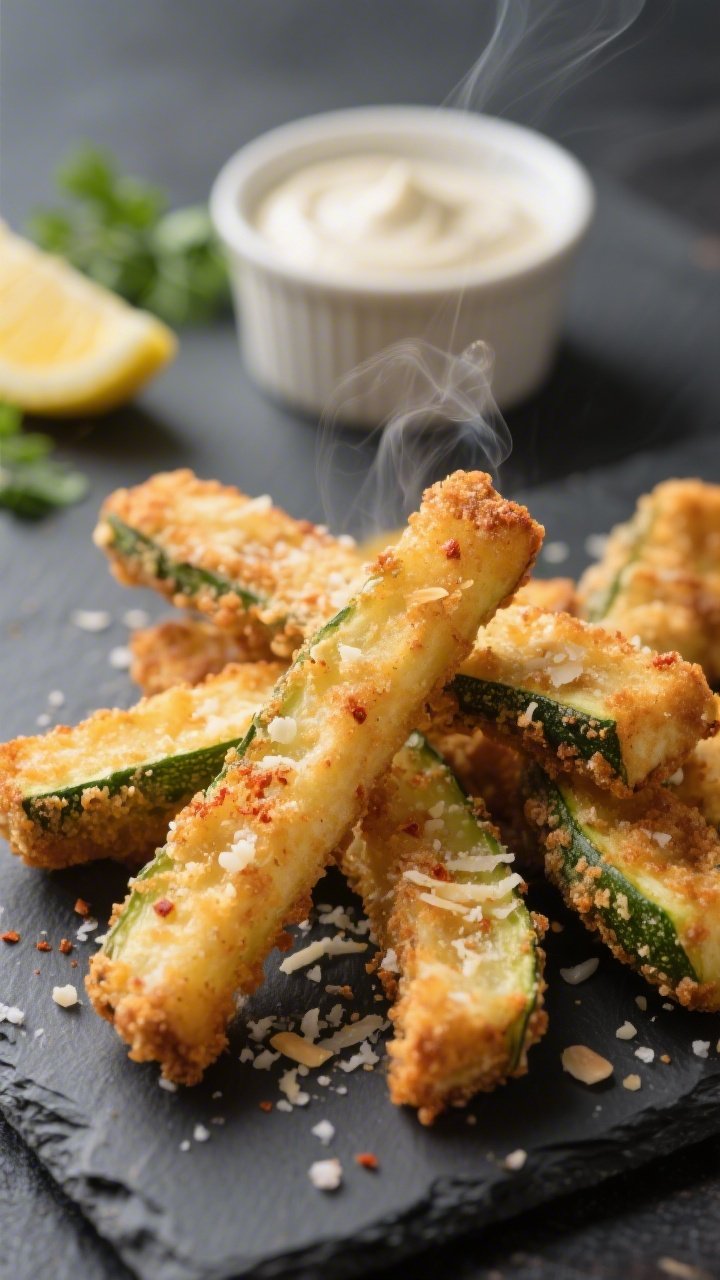 Close-up detail: Crispy Parmesan keto zucchini fries just out of the air fryer, golden-brown crust w