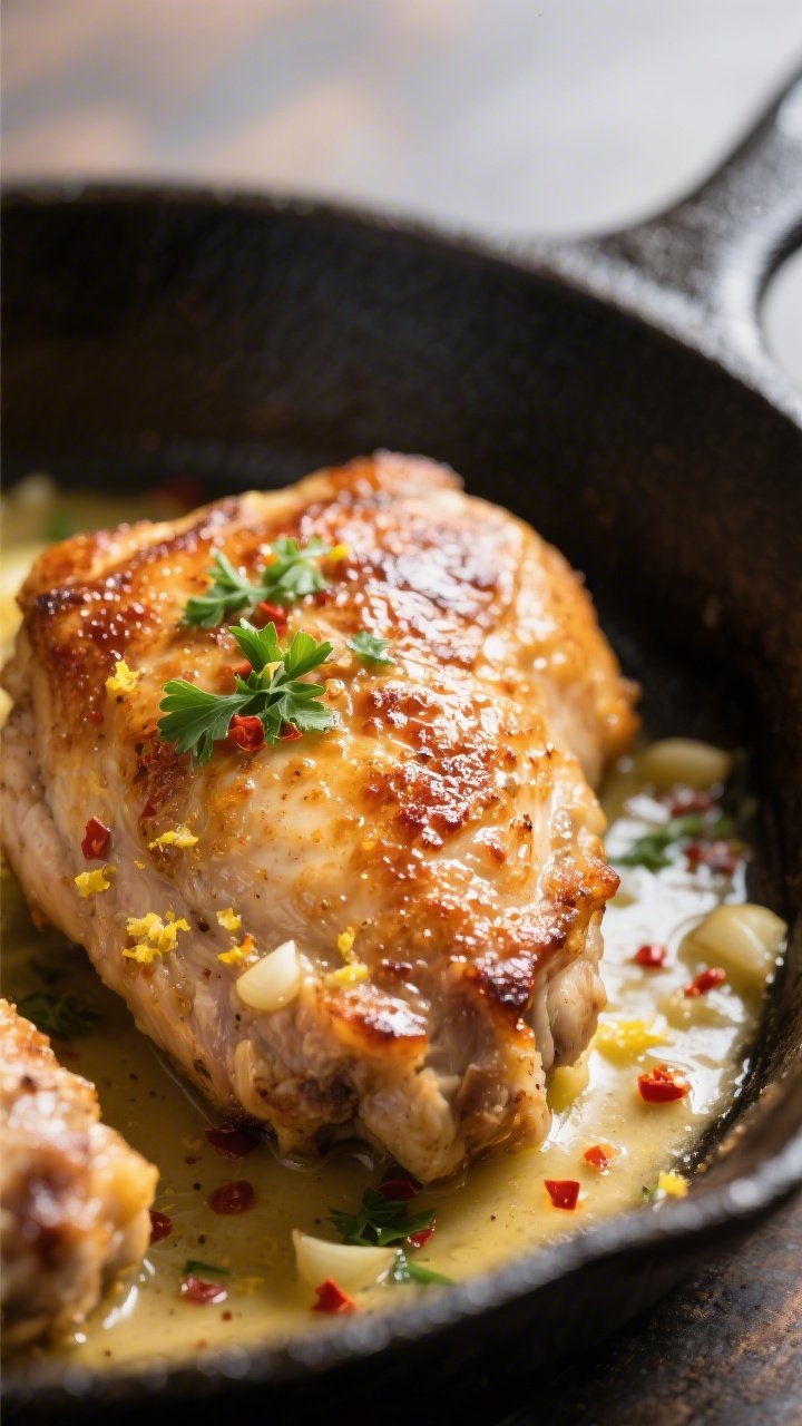 Close-up detail: Crispy-skinned keto garlic butter chicken thigh just out of the oven, skin deeply g