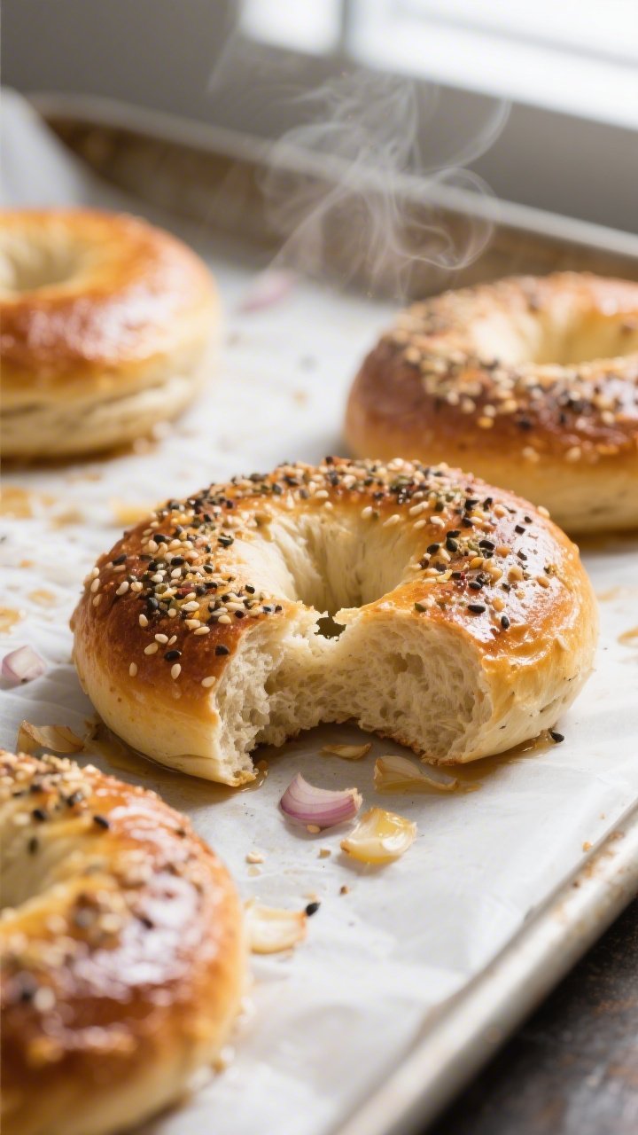 Close-up detail: Freshly baked keto bagels on a parchment-lined sheet pan just out of the oven, deep