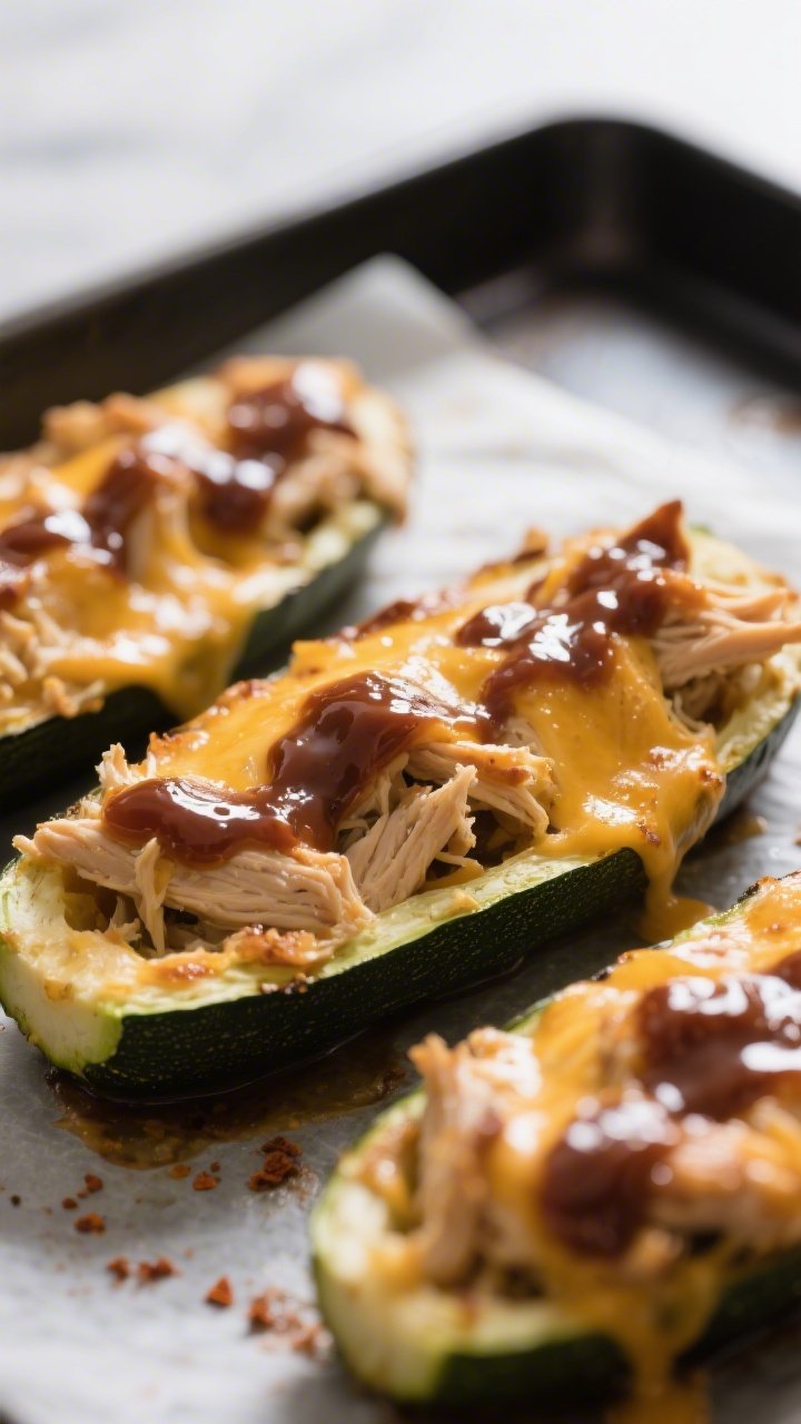 Close-up detail: Freshly baked keto BBQ chicken zucchini boats just out of the oven, cheese melted a