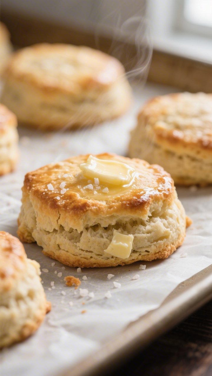 Close-up detail: Freshly baked keto biscuits just out of the oven on parchment, tops lightly golden 