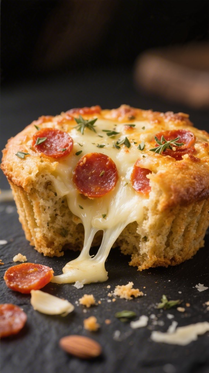 Close-up detail: Freshly baked keto pepperoni pizza snack muffin torn open to reveal gooey melted mo