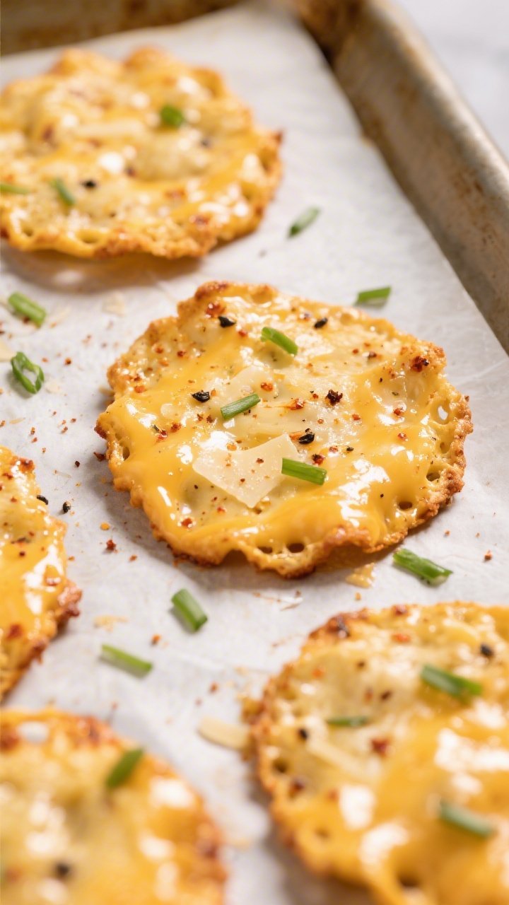 Close-up detail: Freshly baked Keto Spicy Ranch Cheese Crisps cooling on parchment, edges deeply gol