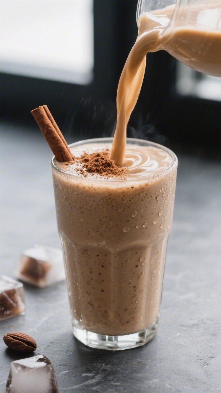 Close-up detail: Freshly blended keto coffee protein smoothie being poured in a silky ribbon into a 