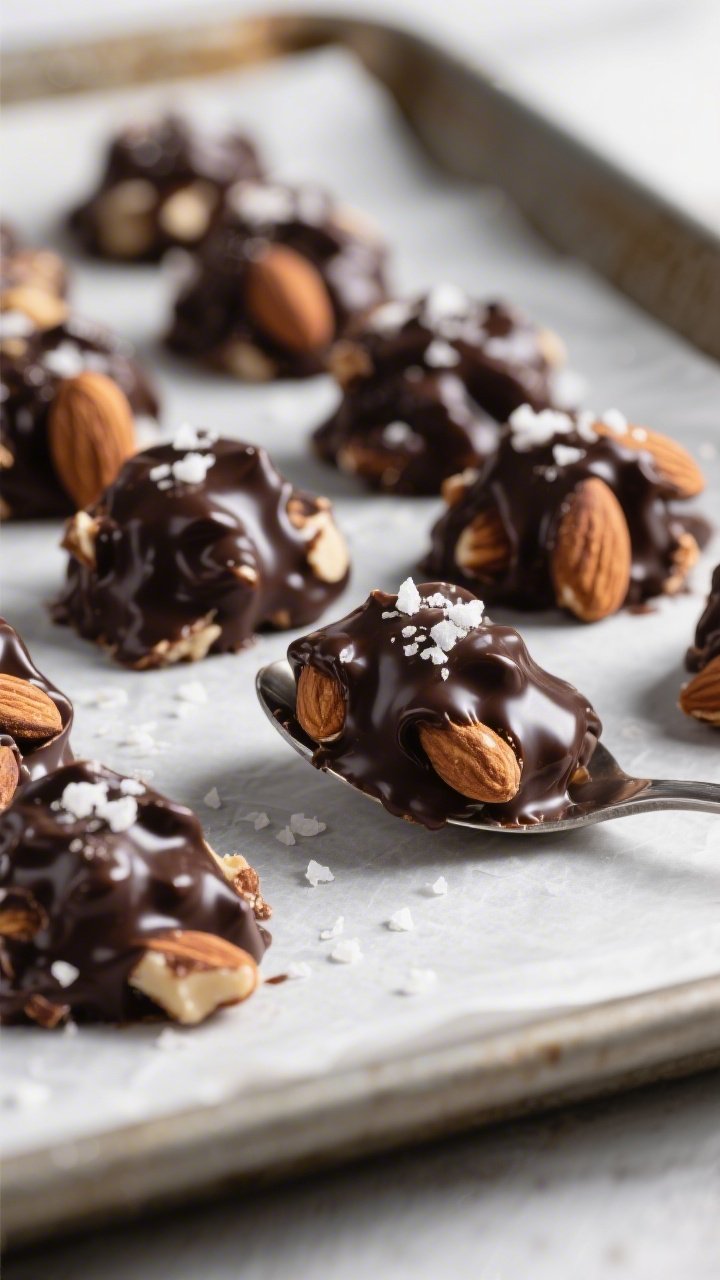 Close-up detail: Glossy dark chocolate–coated almond clusters just spooned onto a parchment-lined 