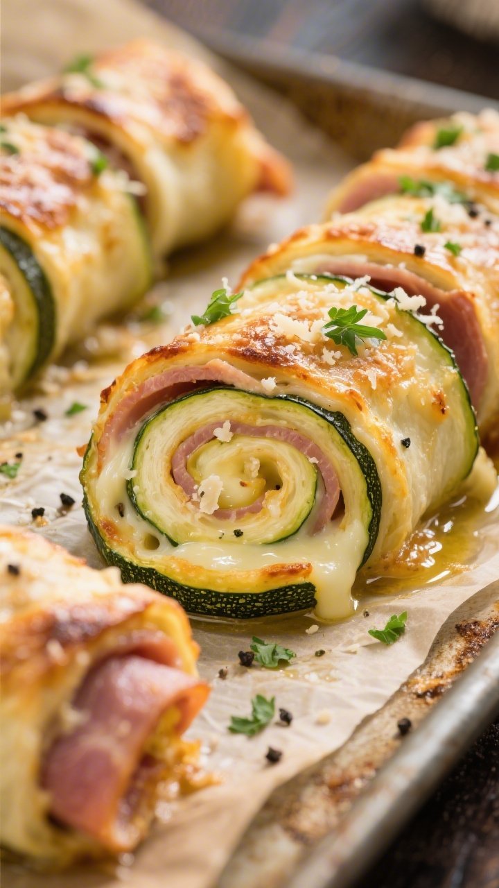 Close-up detail: Golden-baked zucchini ham & cheese roll-ups just out of the oven, seam side down on