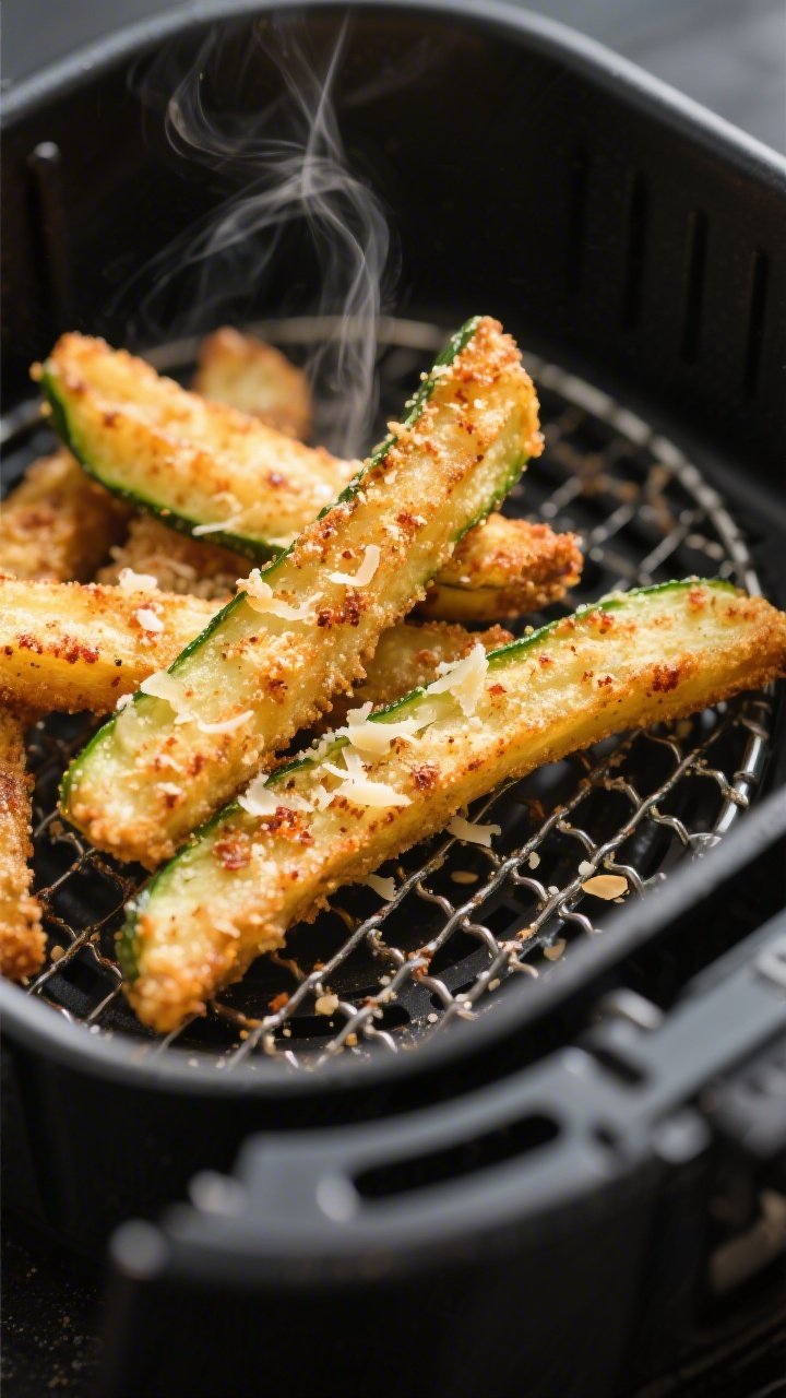 Close-up detail: Golden-brown keto air-fryer zucchini fries just out of the basket, coating visibly 