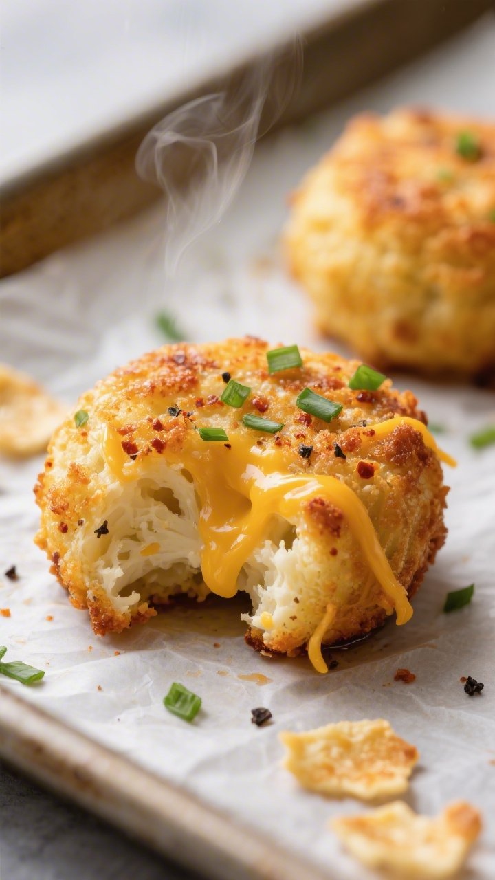 Close-up detail: Golden-brown keto cauliflower tot just out of the oven, crisp ridged exterior with 