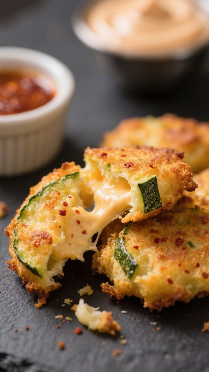 Close-up detail: Golden-brown Keto Zucchini Cheddar Bites fresh from the air fryer, crispy, frico-li