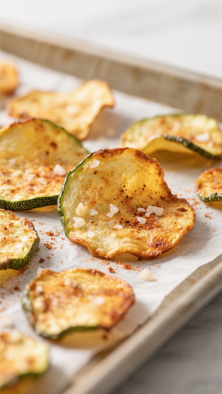 Close-up detail: Golden-brown keto zucchini chips just out of the oven on a parchment-lined baking s