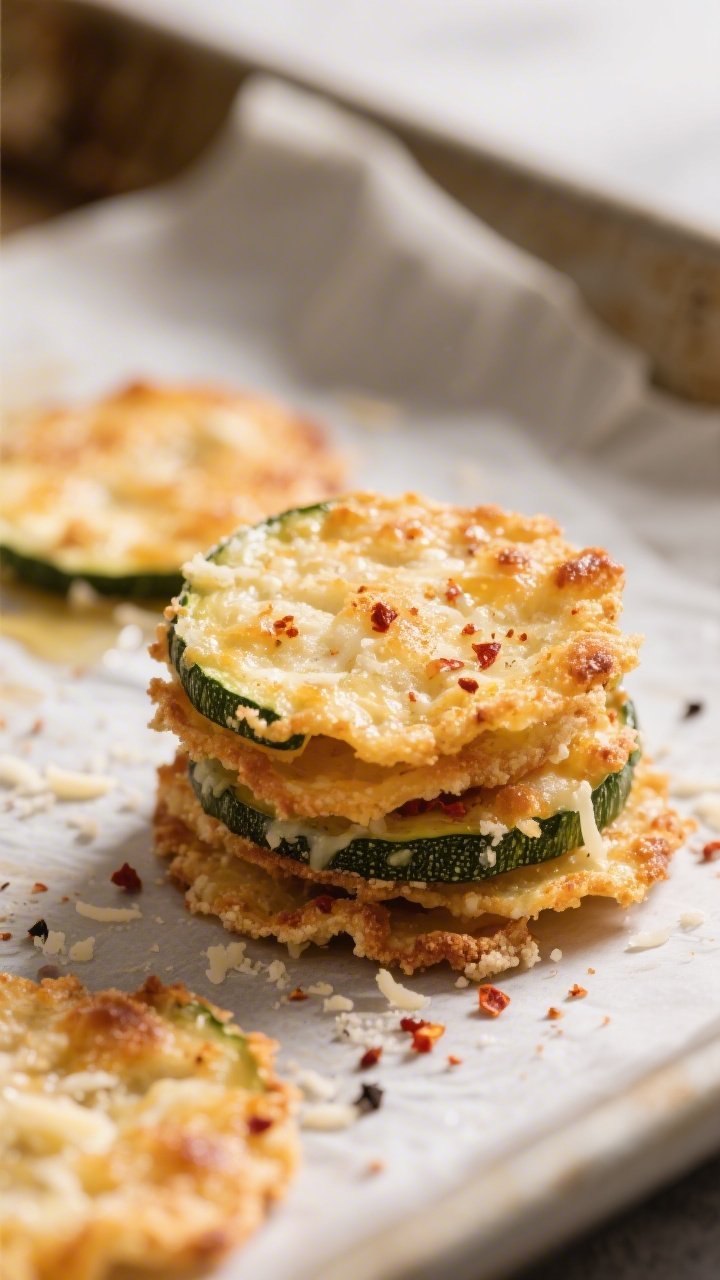 Close-up detail: Golden-brown Keto Zucchini Parmesan Crisps fresh from the oven on parchment, edges 