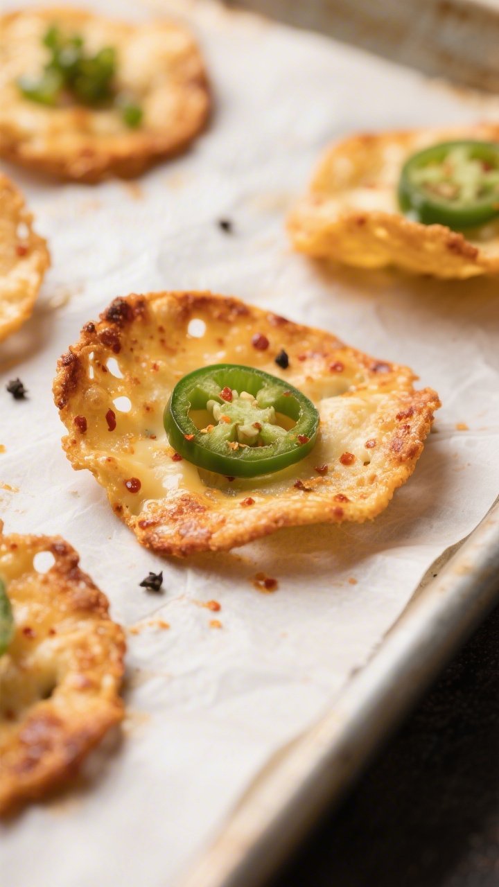 Close-up detail: Golden-brown Pepper Jack cheese crisps just out of the oven on a parchment-lined ba