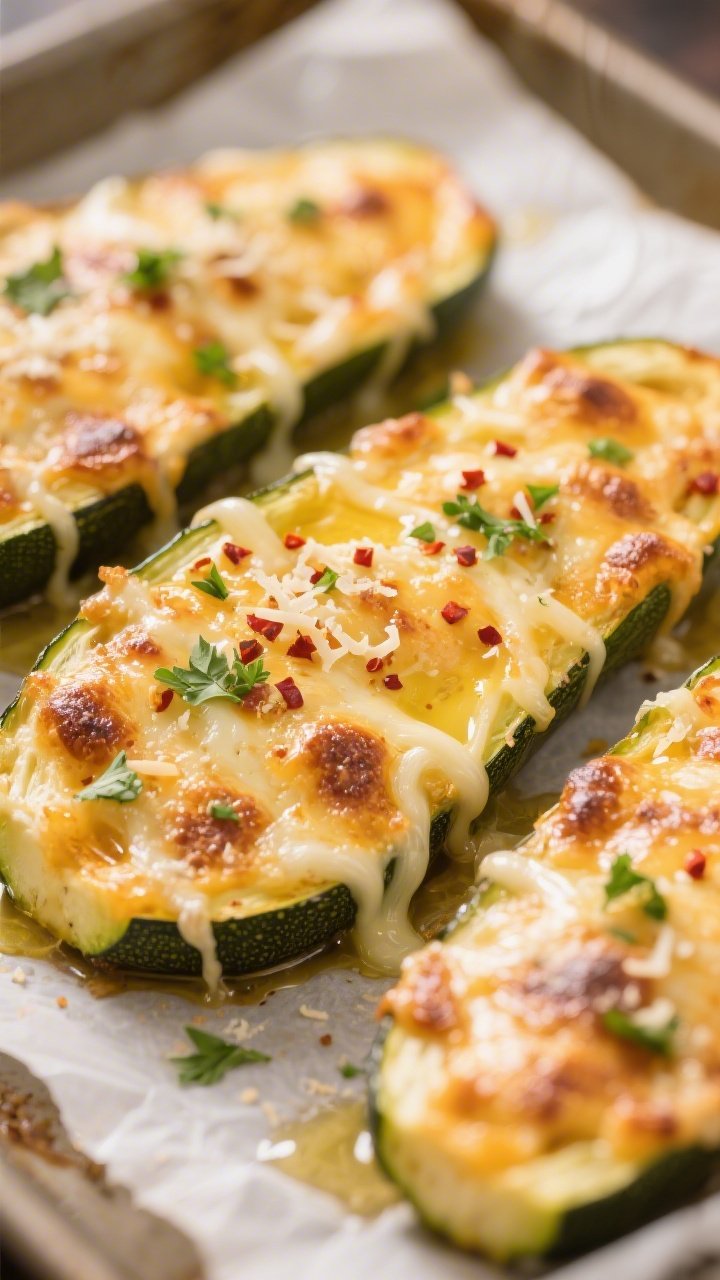 Close-up detail: Golden-browned Keto Cheesy Garlic Zucchini Boats just out of the oven, cheese bubbl