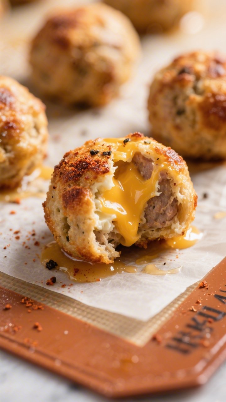 Close-up detail: Golden-browned keto cream cheese sausage balls just out of the oven, beads of rende