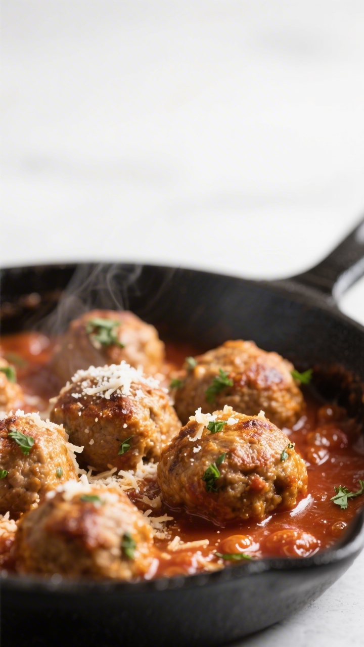 Close-up detail: Golden-browned keto Italian meatballs simmering in a glossy, no-sugar-added marinar
