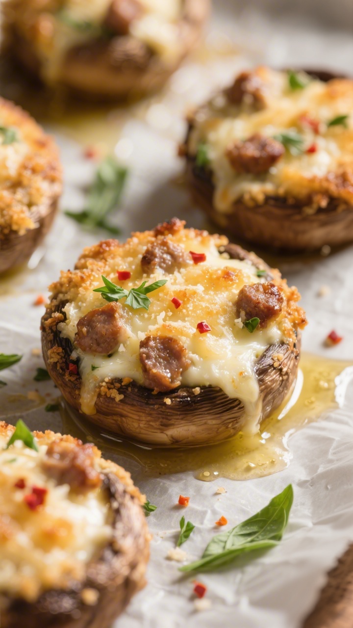Close-up detail: Golden-browned Keto Italian Stuffed Mushrooms just out of the oven, showing crispy 