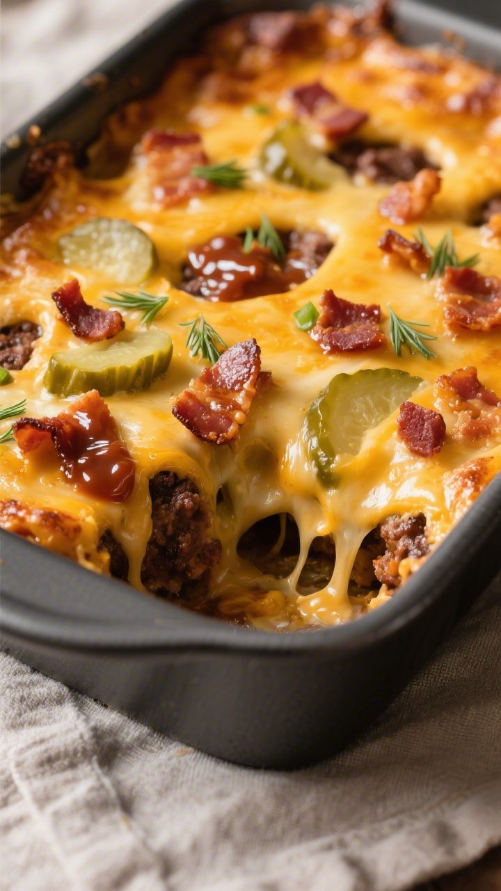 Close-up detail: Golden, bubbling Keto BBQ Bacon Cheeseburger Bake just out of the oven, melted shar