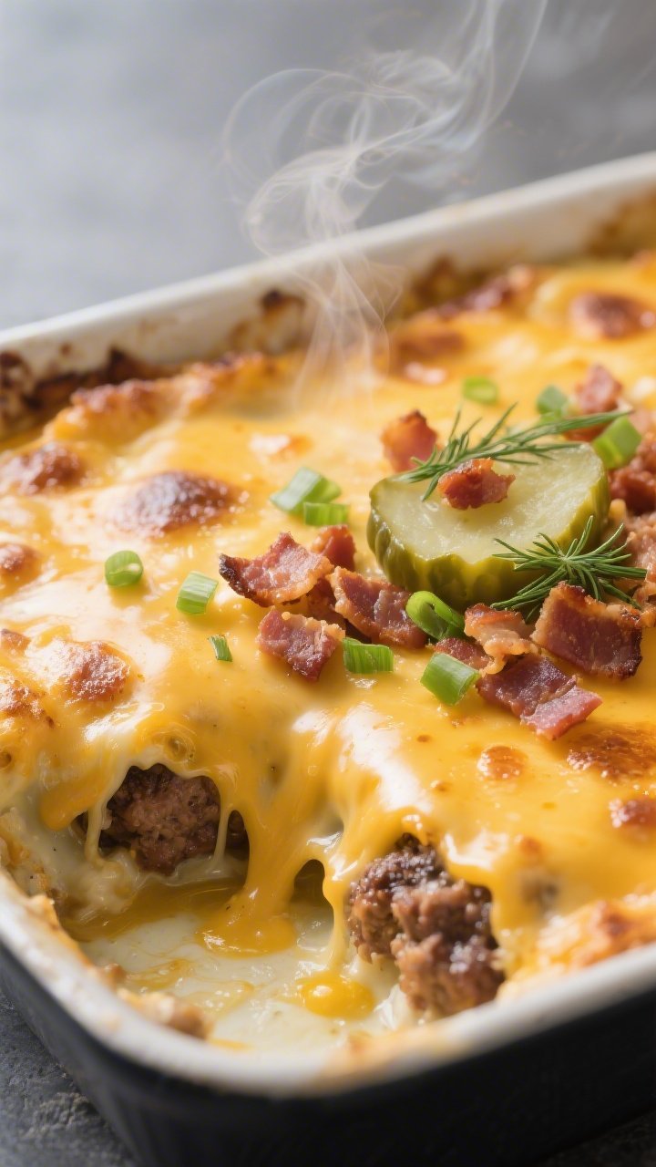 Close-up detail: Golden, bubbling keto cheeseburger casserole just out of the oven, showing a molten