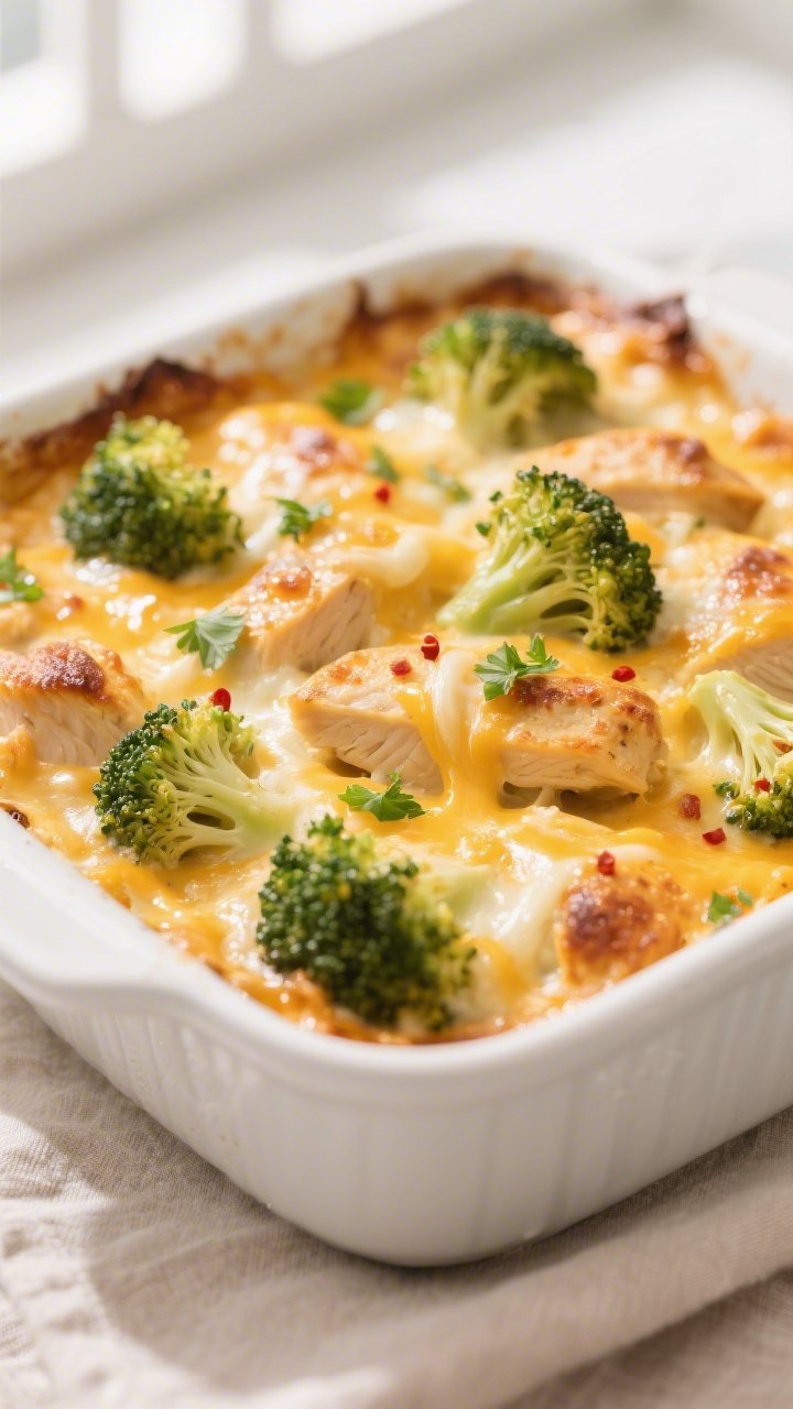 Close-up detail: Golden, bubbling Keto Cheesy Chicken and Broccoli Bake just out of the oven, showin